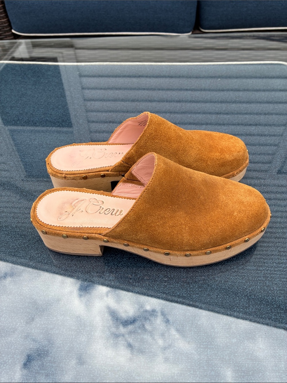 J. Crew Suede Clog Mules in Camel Brown